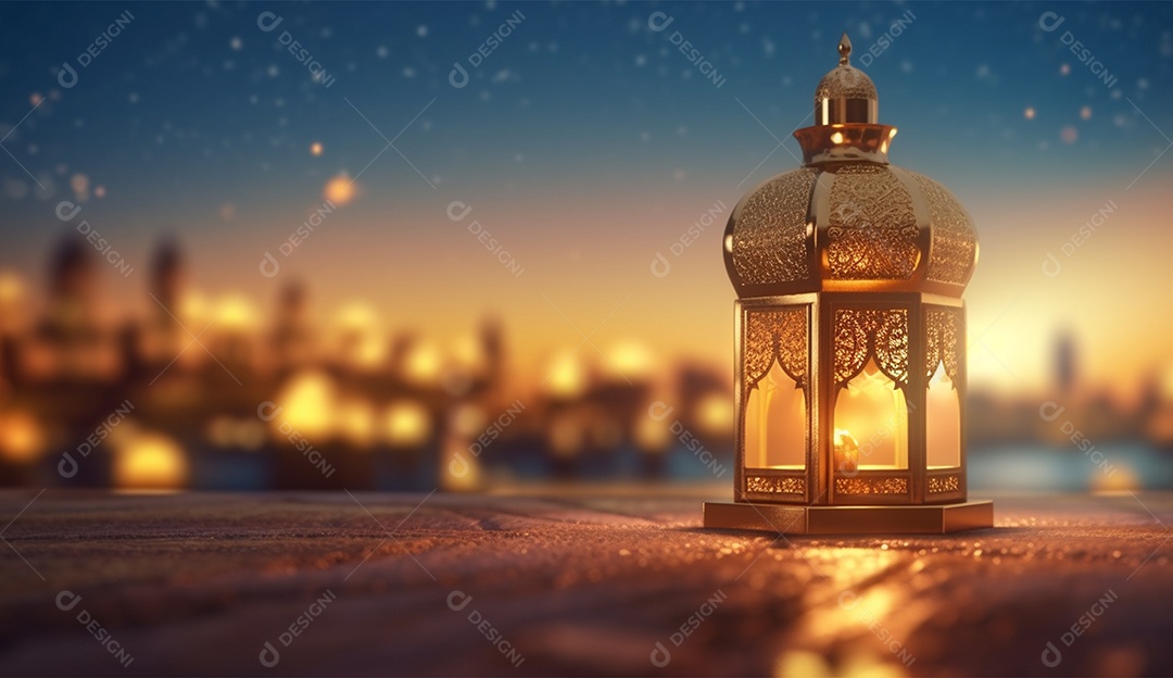 Lamparina islâmica sobre fundo com luzes desfocados.