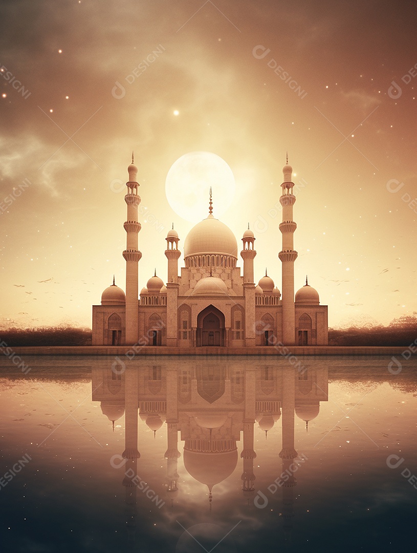 Mesquita islâmica sobre fundo de um pôr do sol.