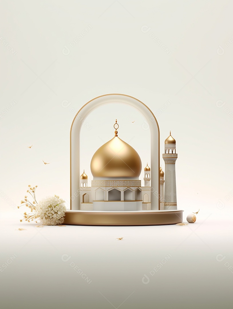 Cúpula dourada e elementos da mesquita islâmica.