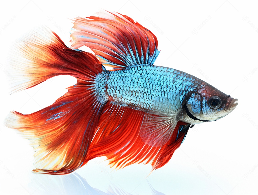 Peixe betta colorido nadando sobre fundo isolado branco.