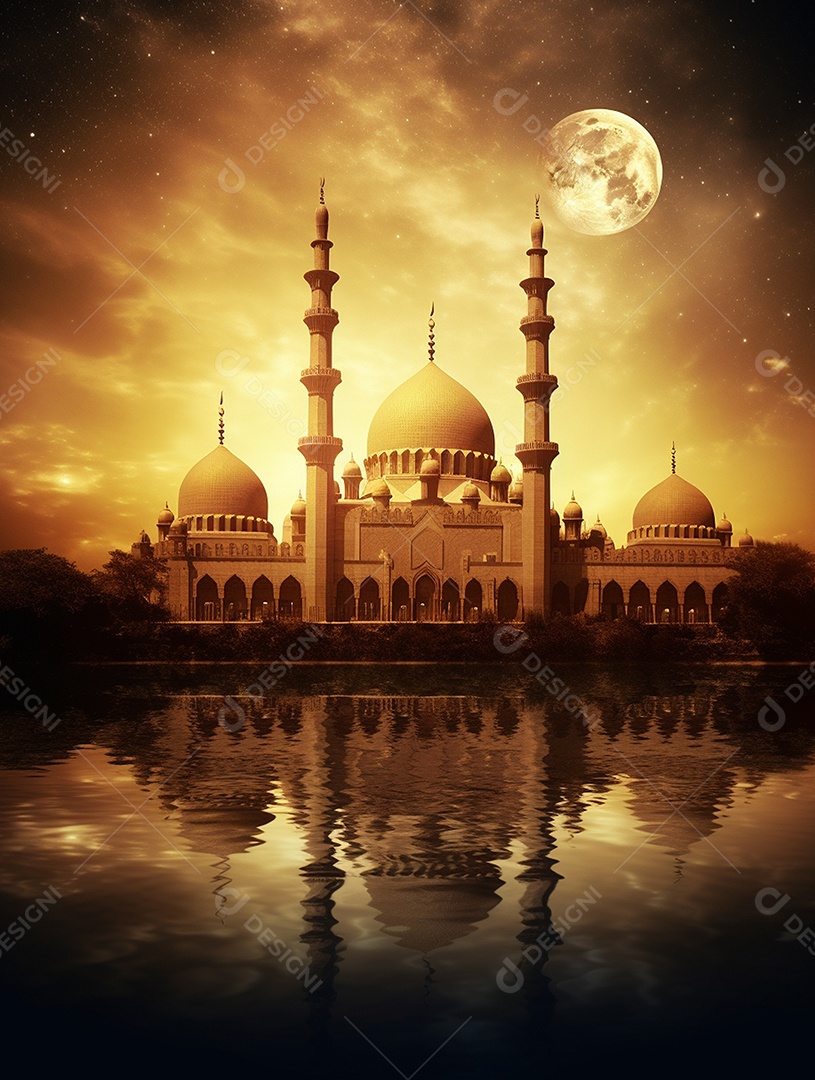 Mesquita islâmica bege sobre fundo de um luar.
