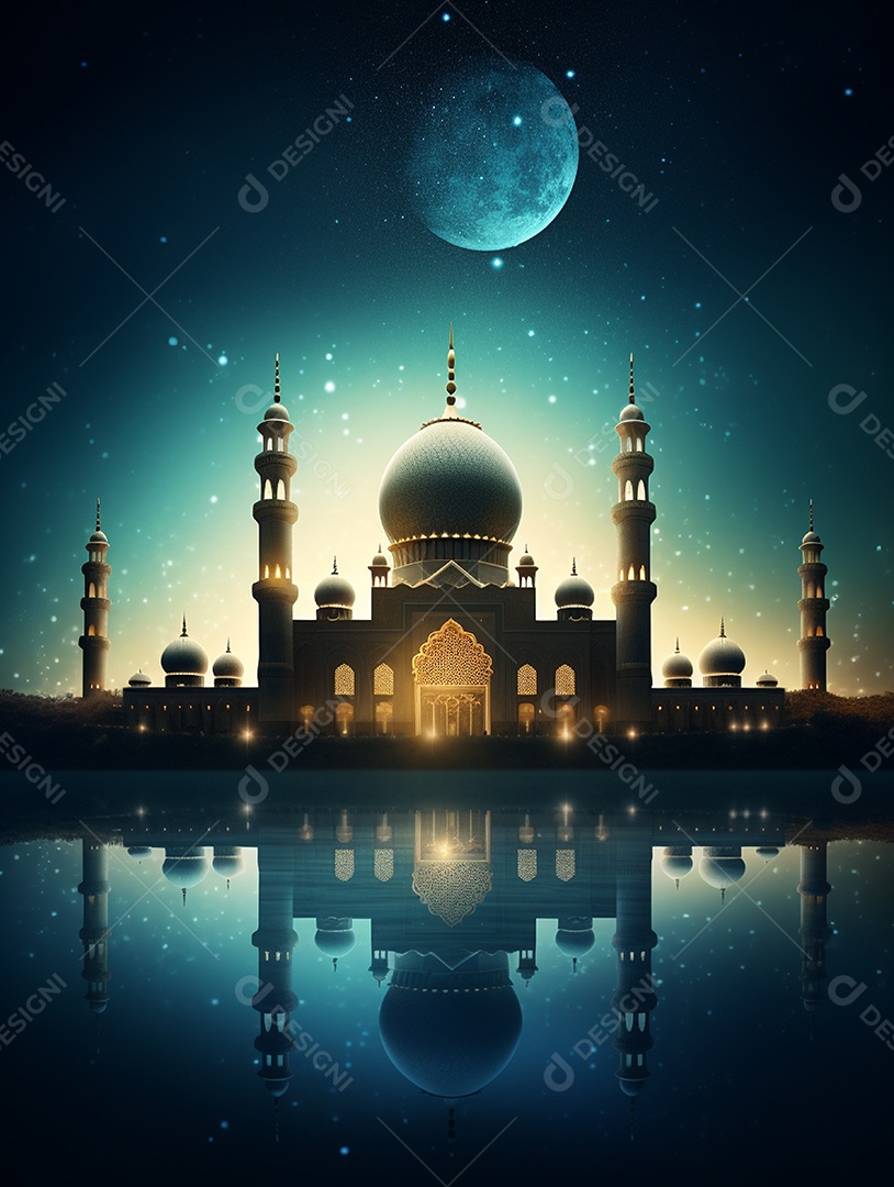 Mesquita islâmica sobre fundo de uma noite de luar.