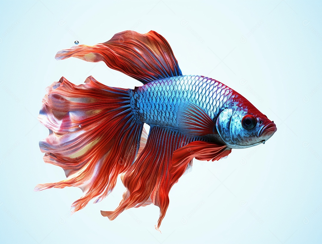 Peixe betta colorido nadando sobre fundo isolado branco.