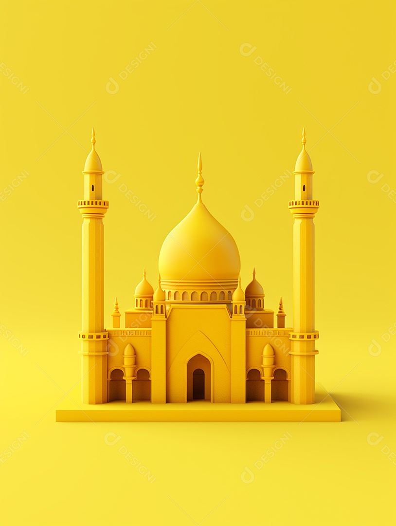 Mesquita islâmica amarela com cúpula e torres.
