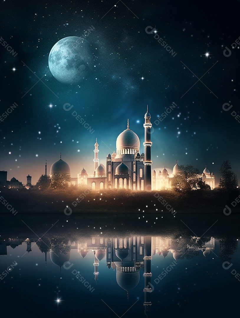 Mesquita islâmica a beira de um lago sobre fundo de um luar.