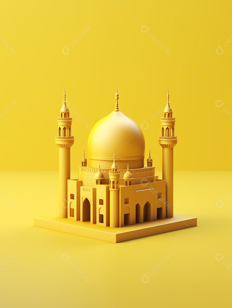 Mesquita islâmica cúpula e torre sobre fundo amarelo.