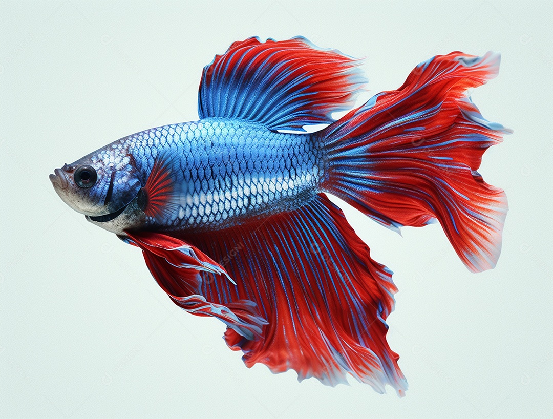 Peixe betta colorido nadando sobre fundo isolado branco.
