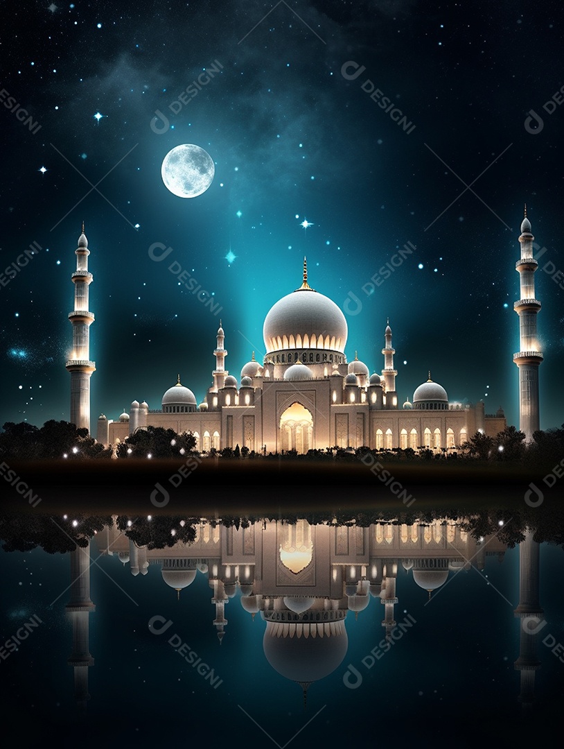Mesquita islâmica a beira de um lago sobre fundo de um luar.