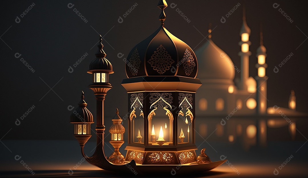 Lamparina islâmica sobre fundo com mesquita desfocada.