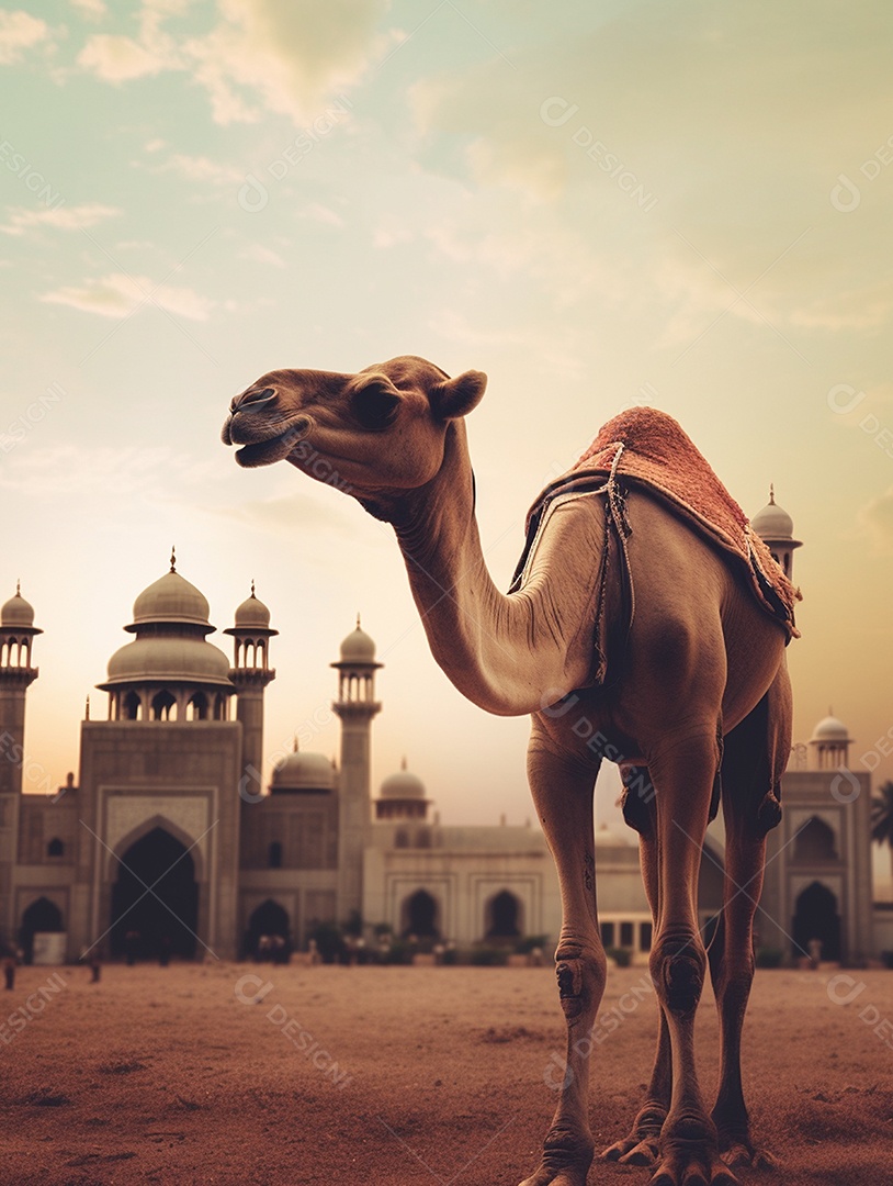 Camelo sobre fundo de uma bela mesquita islâmica.