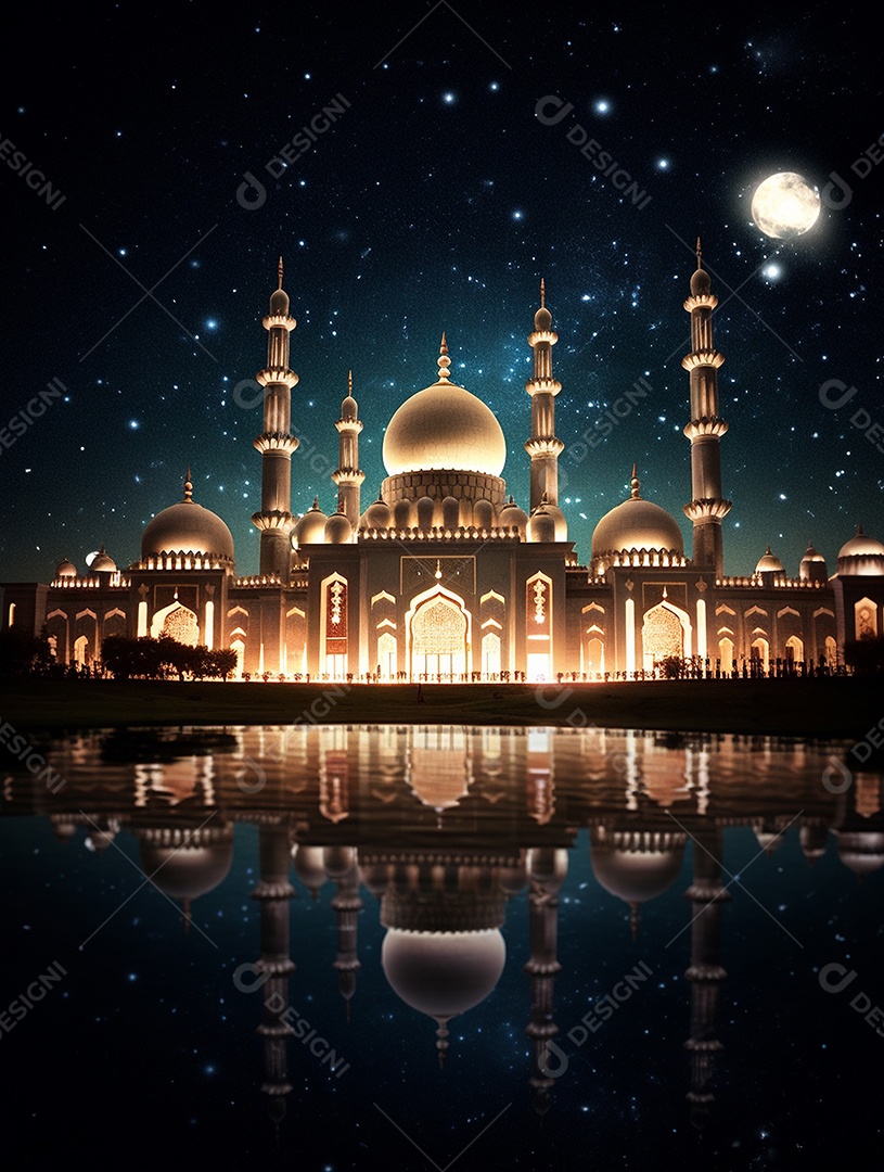 Mesquita islâmica a beira de um lago sobre fundo de um luar.