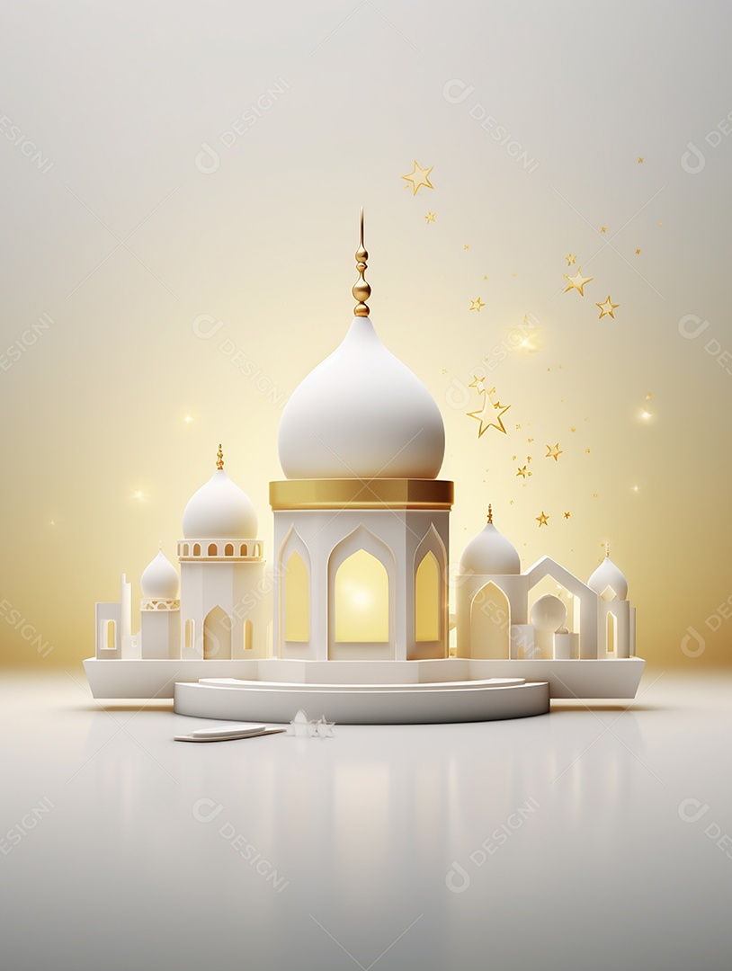 Mesquita islâmica branca com detalhes dourados .