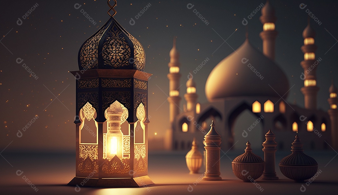 Lamparina islâmica sobre fundo com mesquitas desfocadas