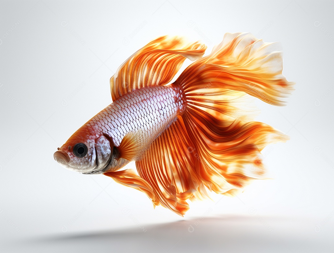 Peixe betta colorido nadando sobre fundo isolado branco.