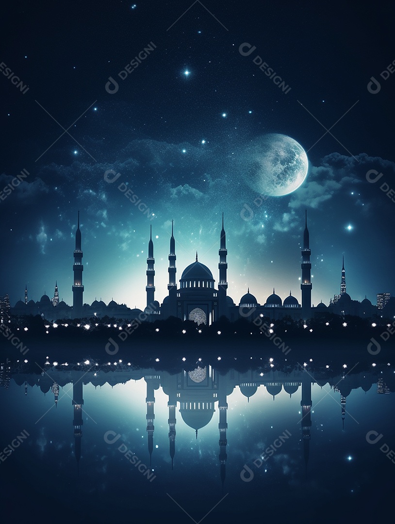 Mesquita islâmica a beira de um lago sobre fundo de um luar.