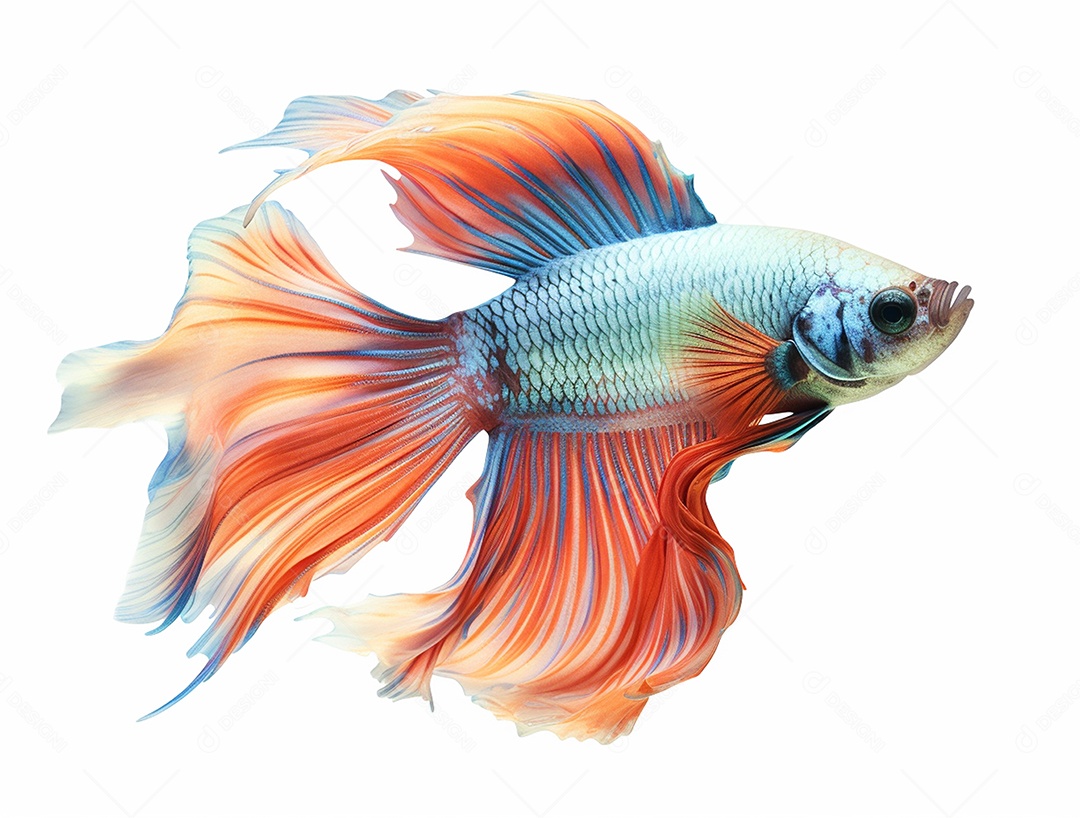 Peixe betta colorido nadando sobre fundo isolado branco.