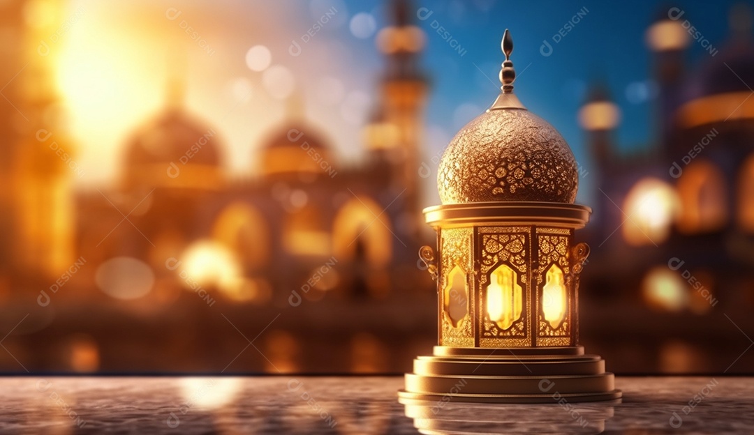 Lamparina islâmica sobre fundo com mesquitas desfocadas