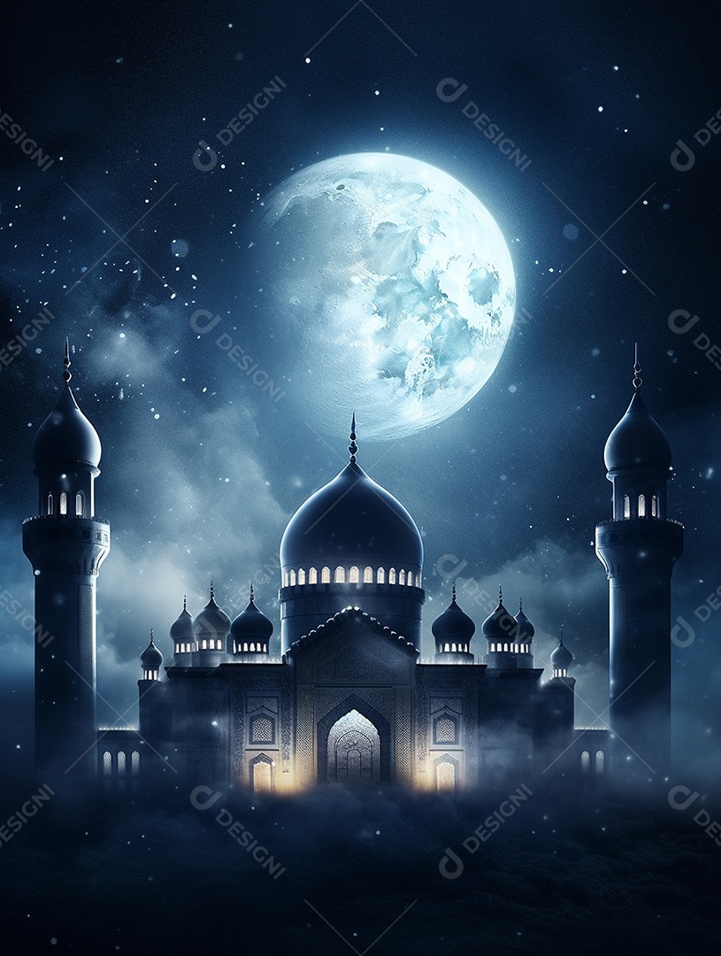 Mesquita islâmica sobre fundo de uma noite de luar.