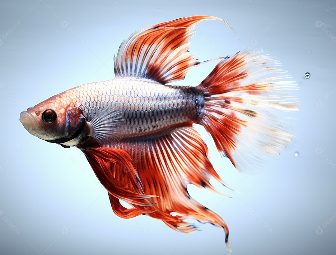 Peixe betta colorido nadando sobre fundo isolado branco.