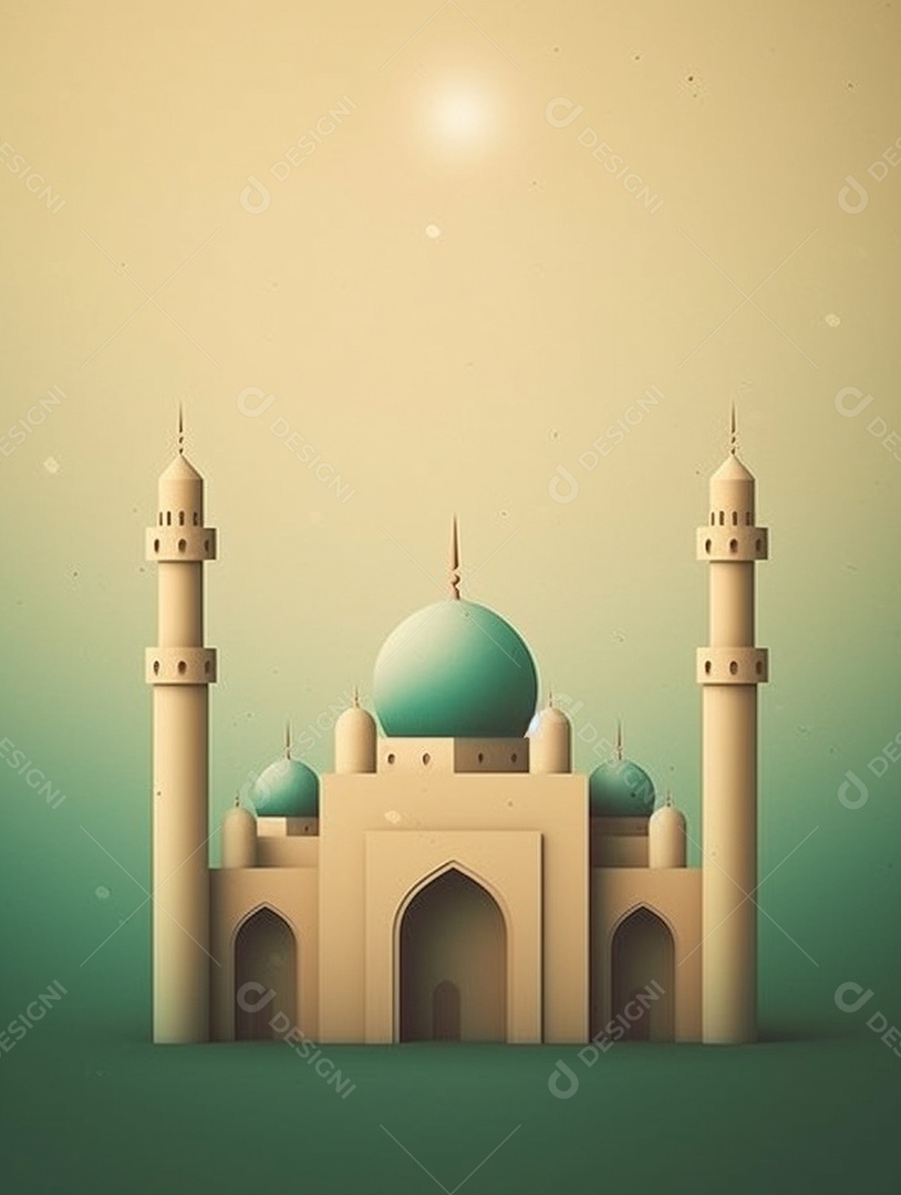 Mesquita islâmica com torres bege e cúpula verde.