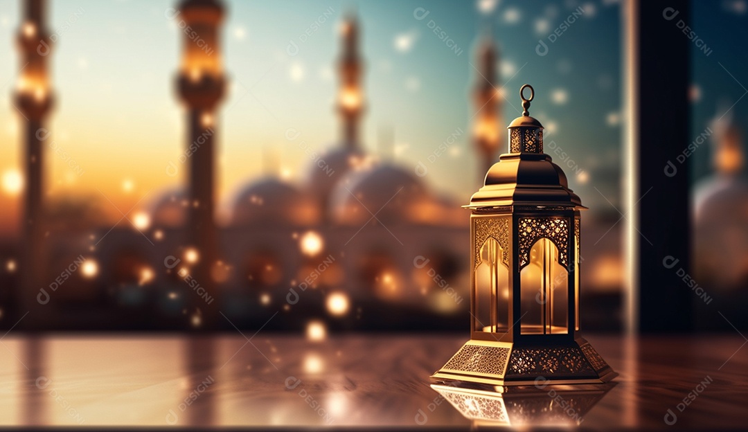 Lamparina islâmica sobre fundo com luzes desfocados.