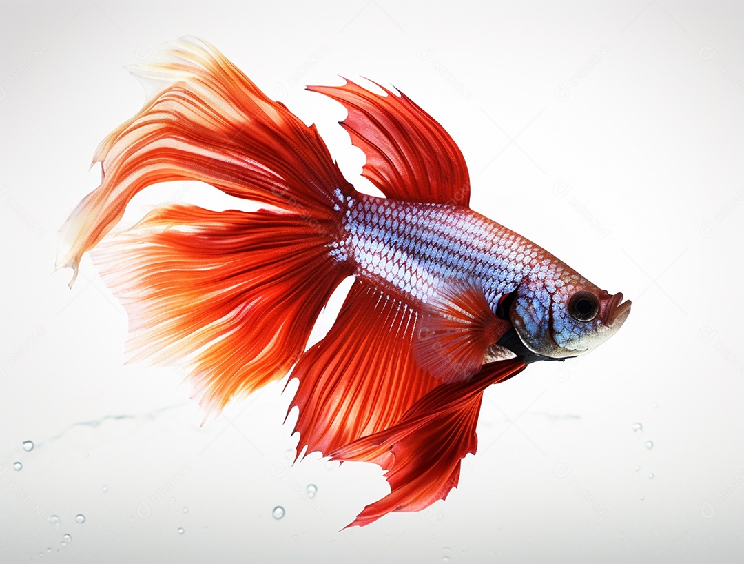 Peixe betta colorido nadando sobre fundo isolado branco.