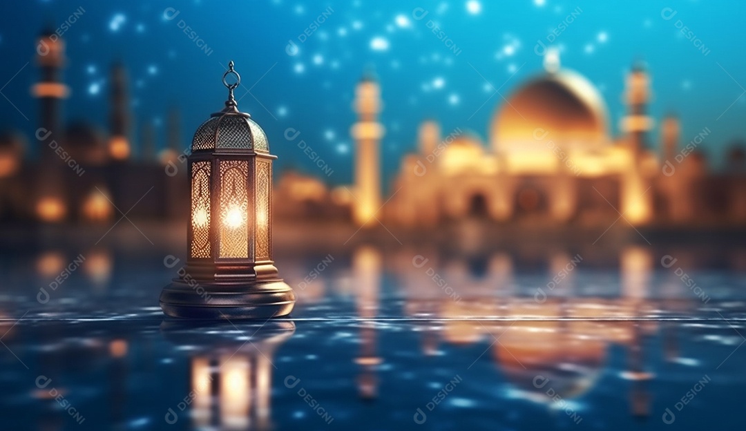 Lamparina islâmica sobre fundo de mesquitas e luzes desfocadas.
