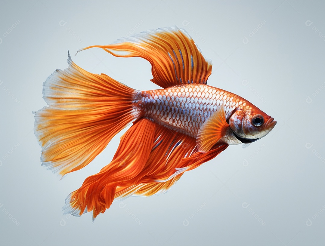 Peixe colorido nadando sobre fundo isolado branco.