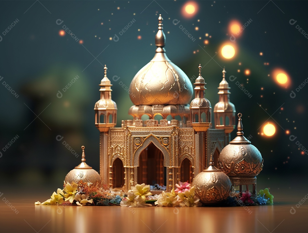 Mesquita islâmica dourada sobre fundo com luzes desfocada.