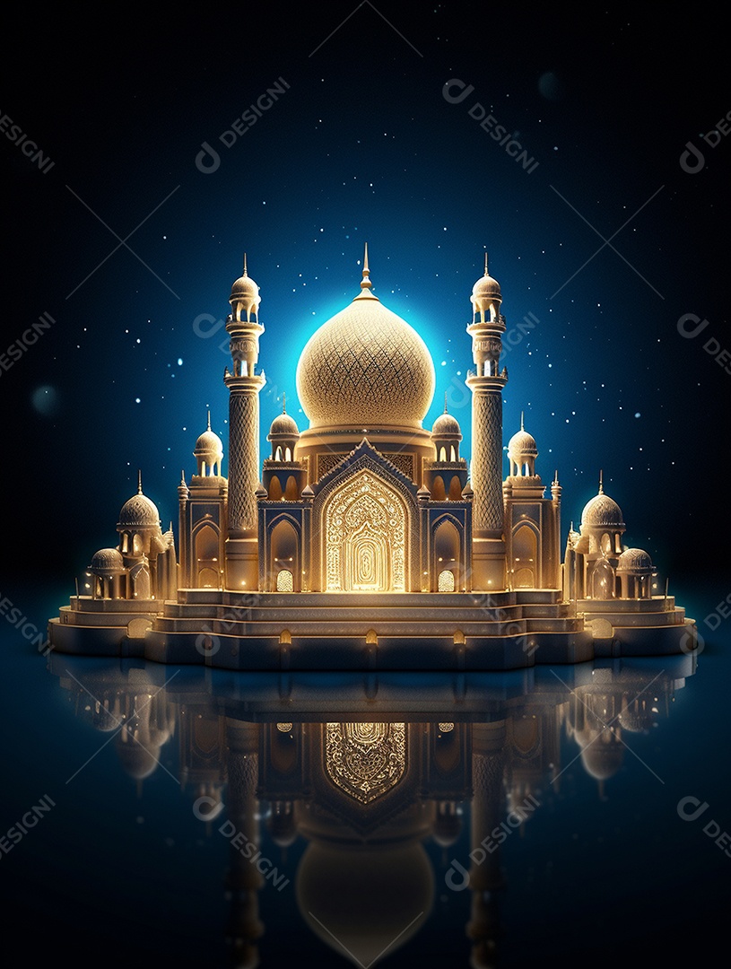 Mesquita islâmica dourada sobre um fundo com céu estrelado.