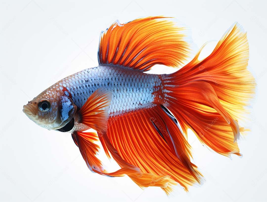 Peixe betta com cauda laranja nadando sobre fundo branco.