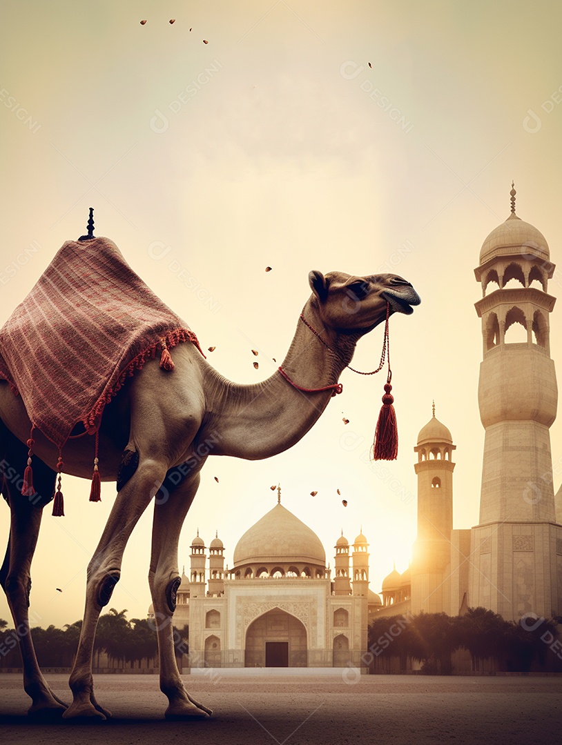 Camelo sobre fundo de uma bela mesquita islâmica.