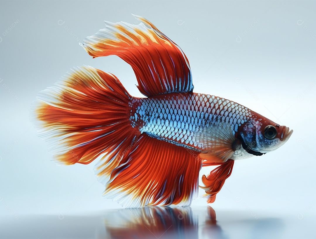 Peixe colorido nadando sobre fundo isolado branco.