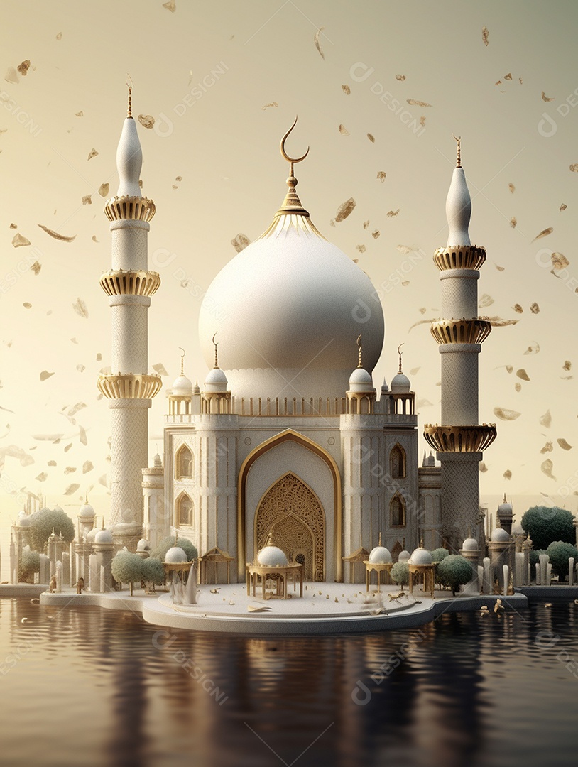 Mesquita islâmica branca a beira de um lago.