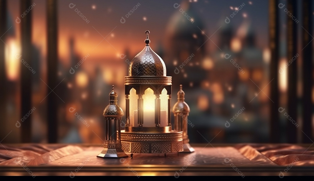 Lamparina islâmica sobre fundo com luzes desfocados.