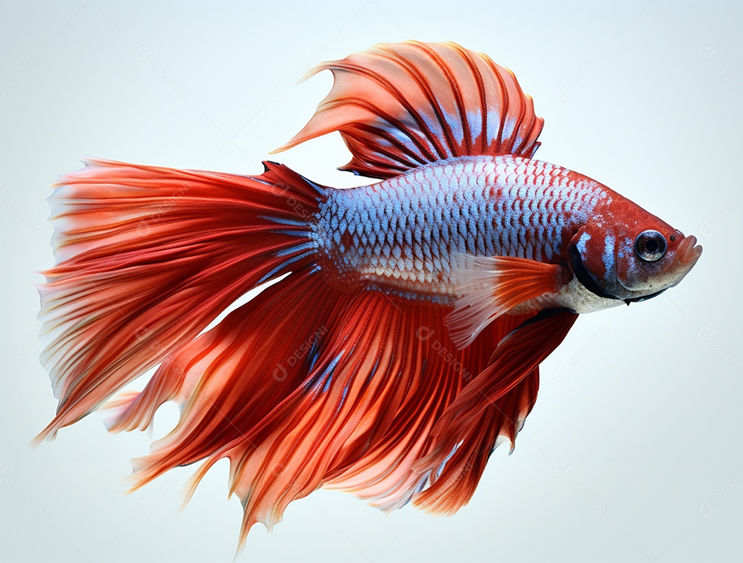 Peixe colorido nadando sobre fundo isolado branco.