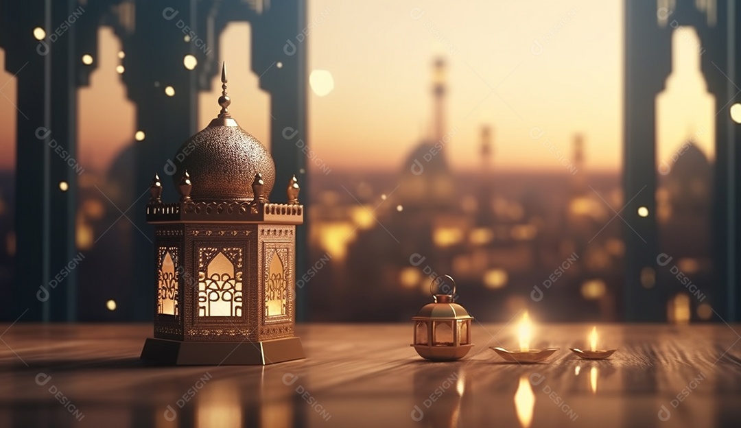 Lamparina islâmica sobre fundo com luzes desfocados.