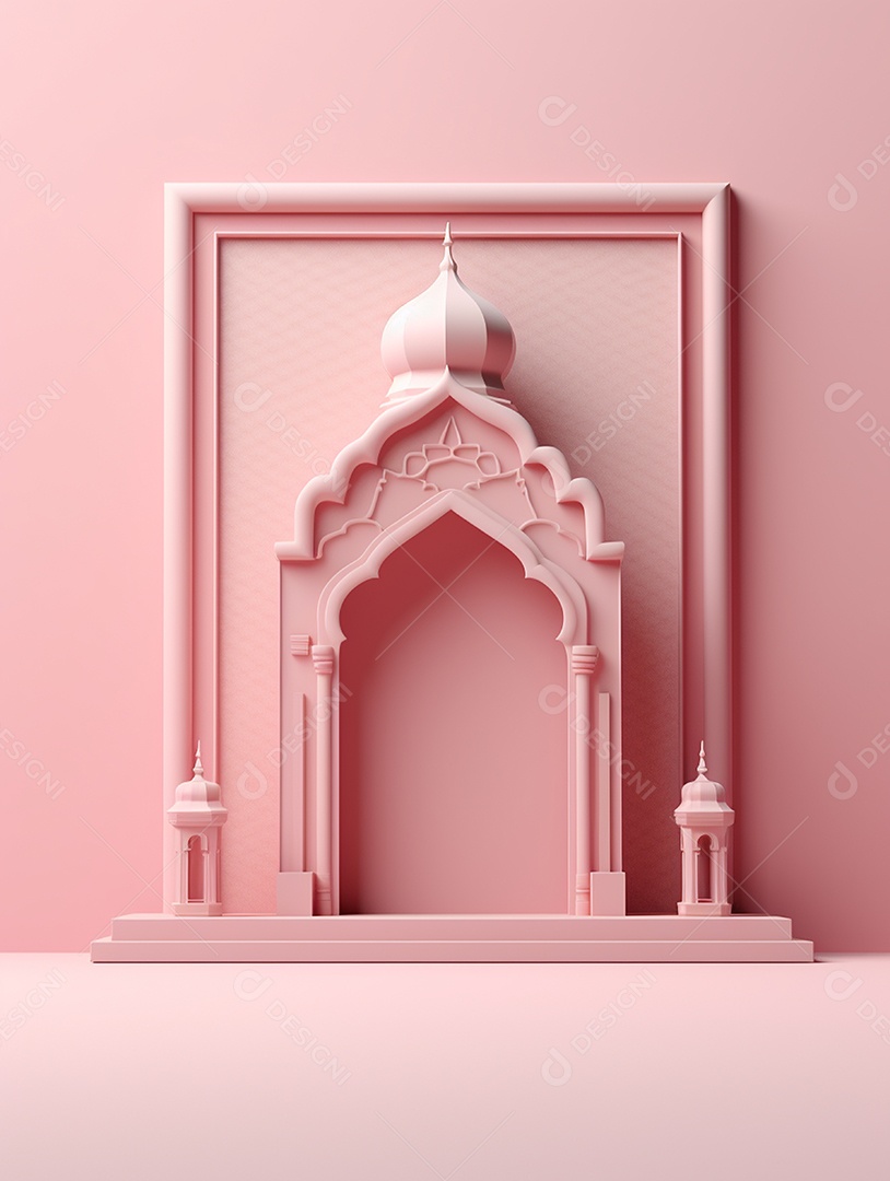 Um arco islâmico rosa sobre fundo com moldura para decoração.