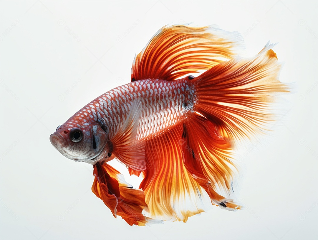 Peixe betta colorido nadando sobre fundo isolado branco.