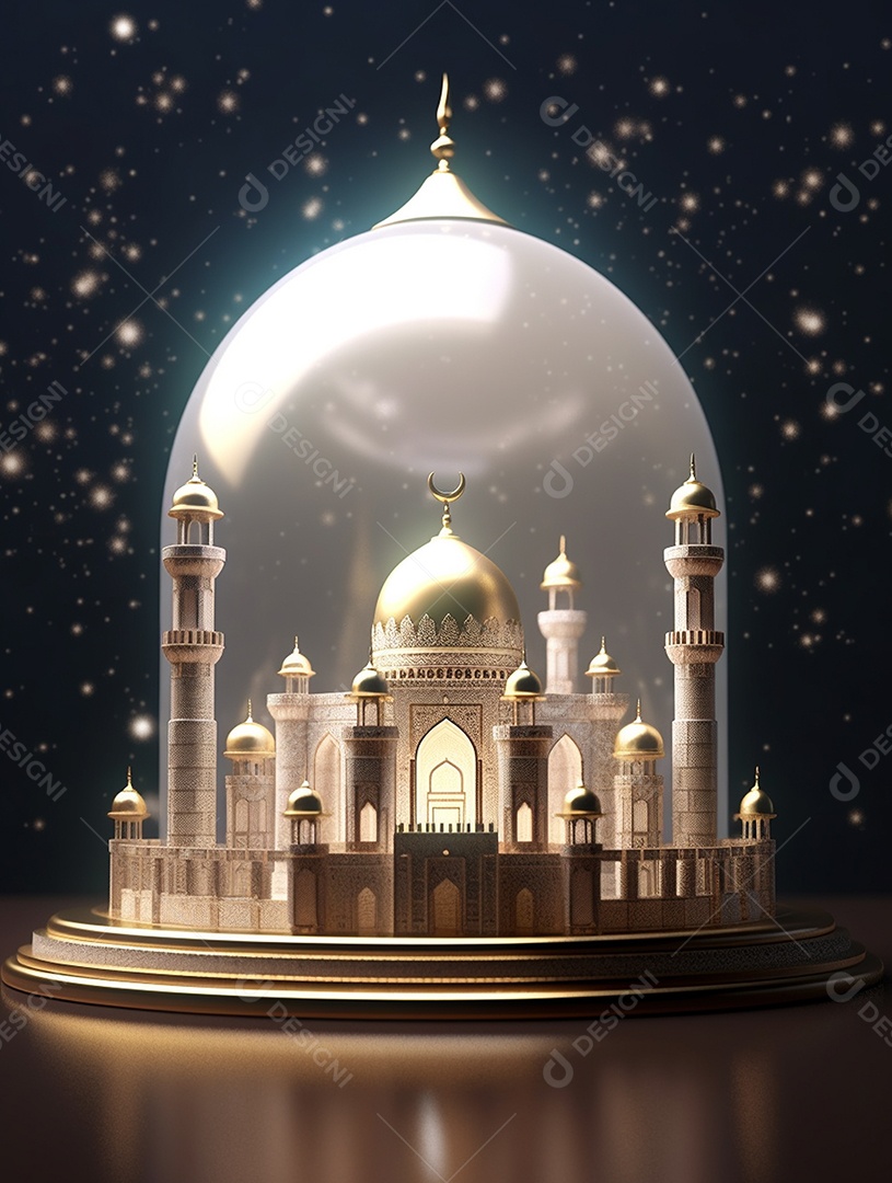 Mesquita islâmica dourada coberta com cubo de vibro sobre fundo do céu estrelado.