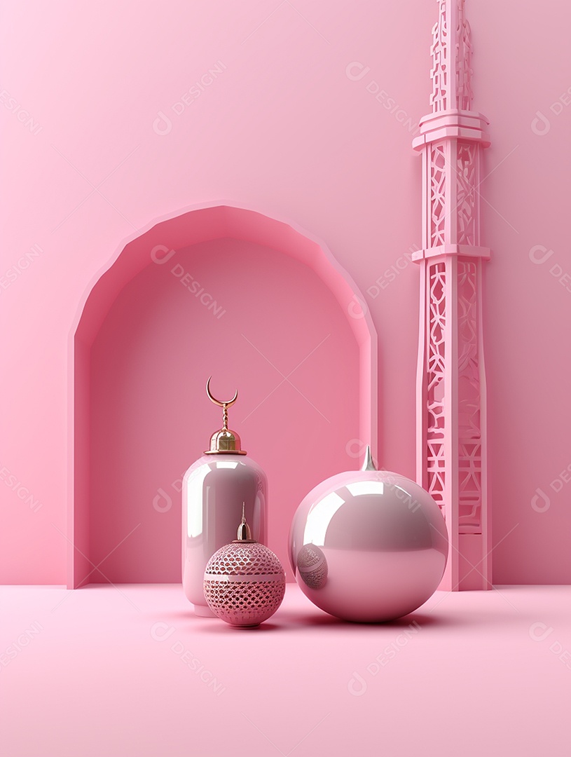 Elementos islâmicos sobre fundo isolado rosa.