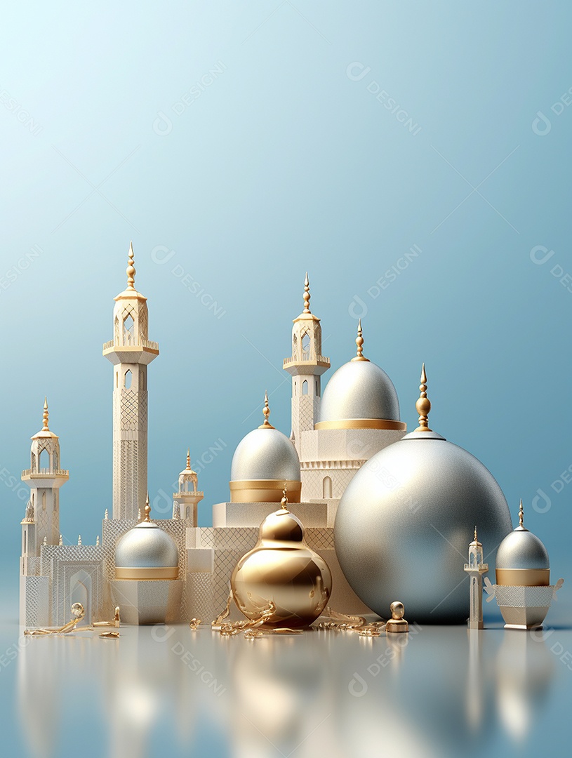 Elementos de decoração islâmicos sobre fundo isolado azul.