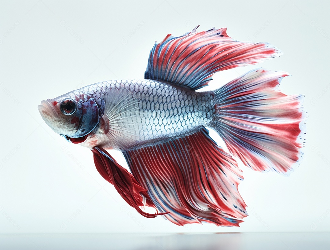 Peixe betta colorido nadando sobre fundo isolado branco.