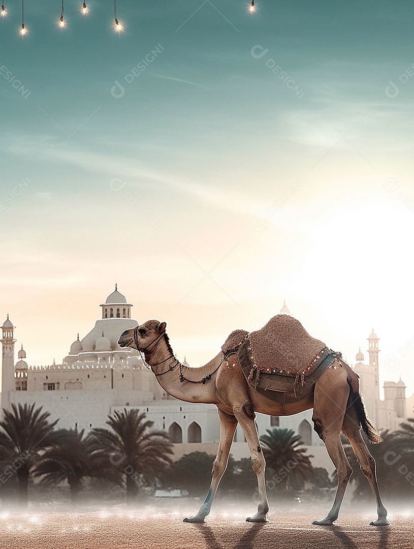 Camelo sobre fundo de uma bela mesquita islâmica.