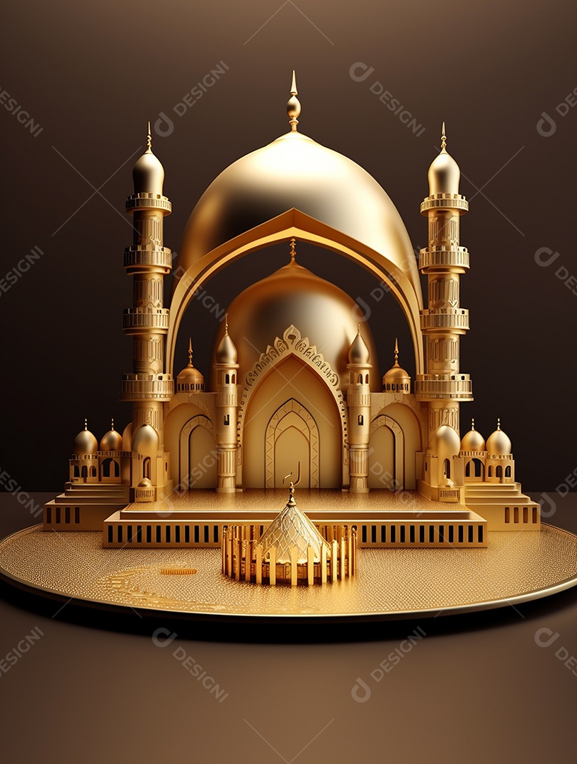 Mesquita islâmica dourada com cúpula e torres.