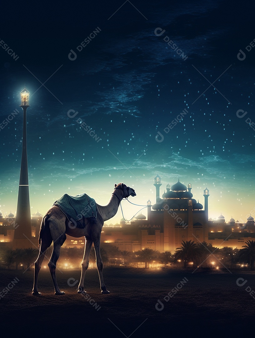 Camelo sobre fundo de uma bela mesquita islâmica