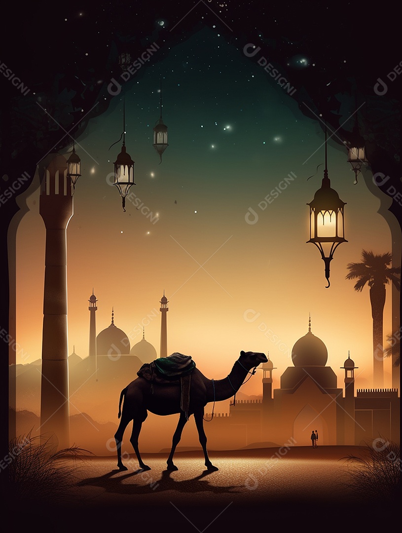Camelo sobre fundo de uma mesquita islâmica.