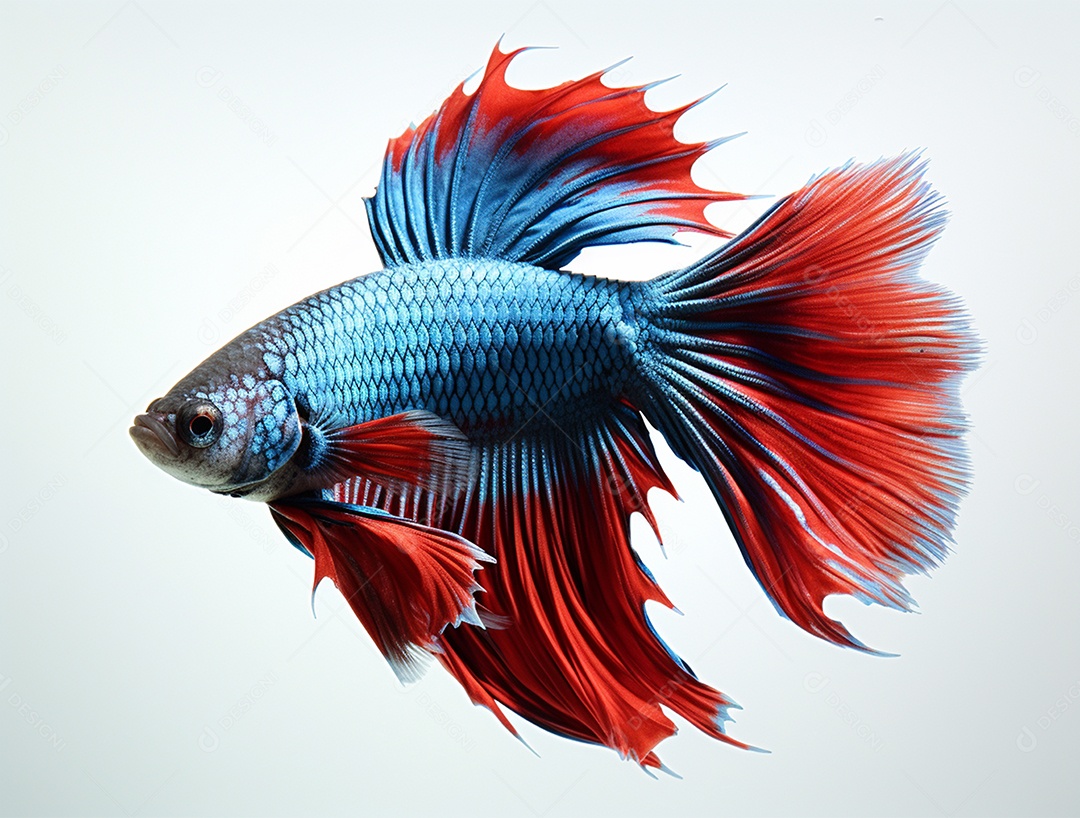 Peixe betta colorido nadando sobre fundo isolado branco.