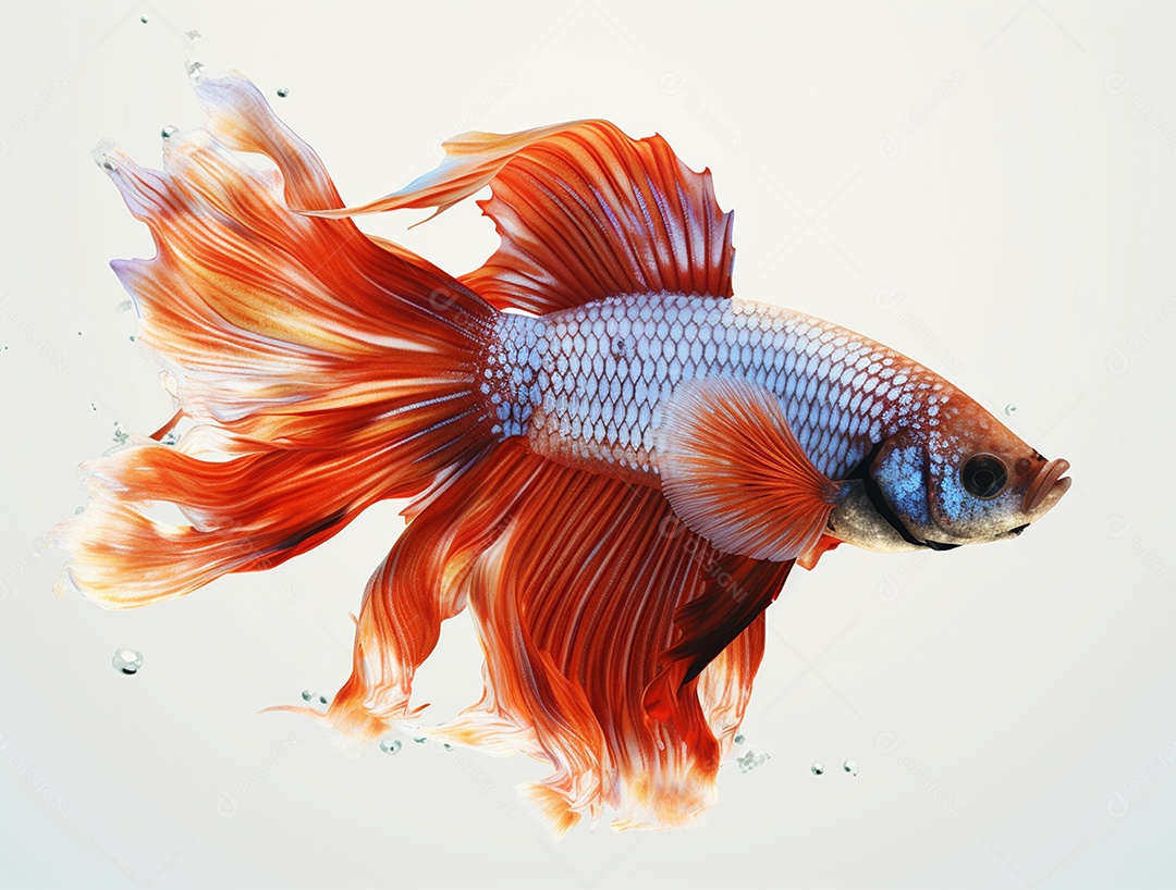 Peixe betta colorido nadando sobre fundo isolado branco.