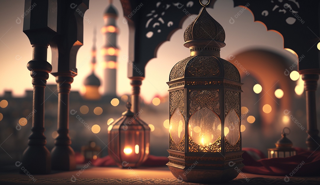 Lamparina islâmica sobre fundo de mesquitas e luzes desfocadas.